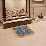 Kuber Industries Velvet Finish pooja mat for sitting on floor | Traditional Rangoli Print Aasan Puja Cloth for Home Mandir | Suitable for Prayer & Meditation | Golden Firozi