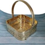 Pure Source India Brass Traditional Squire Shaped Pooja Basket / Pooja Dalia, (Gold)