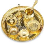 BENGALEN Brass Puja thali Set 8 Inch with Pital Plate Dhup Dan Kalash Spoon Ghanti Bowl Kuber Diya Kangura Plate Pooja Thali for Diwali Home Mandir Office Wedding Return Gift Items