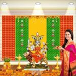 Party Baazaar Navratri Backdrop for Pooja | Traditional Backdrop Decoration Cloth | Puja Decoration Items Background (Pack of 1, Multicolor, Size: 8x5feet)