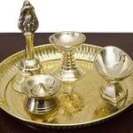 Tangerine Brass Pooja Set of 5 pcs || Plate|| Bell || Incense Holder || Prasad Container || Diya