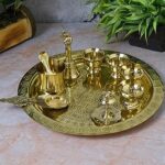 NEETU ARTS Pooja Thali Set | 11-Inch Brass Plate with 2 Diyas, Kumkum Bowls, Agarbatti Stand, Panchpatra, Karpoor Aarti & Bell | Traditional Hindu Puja Samagri Set (775g)