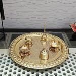 Handmade Heaven Traditional Handcrafted Brass Pital Puja Thali Aarti Bartan Plate Set of 8 Piece for Mandir Pooja Room Home Temple 10 Inch Round Golden