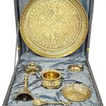 BENGALEN Brass Pooja Thali Set with Grey Gift Box 8 Inch Pital Puja Thali Dhup Dan Kalash Palli Ghanti Kangura Plate Kuber Diya for Diwali Home Mandir Office Wedding Return Gifts Items