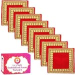 Bhakti Lehar (5 x 5 Inch) Small Embroidered Red Velvet Pooja Aasan Cloth for God Idol | Zari Design Velvet Chowki Assan Kapda for Home Mandir, Temple Shelf, and God Idol Sitting - Pack of 8