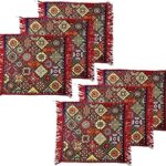 Kuber Industries Pack of 6 Velvet Finish Pooja mat for Sitting on Floor | Traditional Rangoli Print Aasan Puja Cloth for Home Mandir | Suitable for Prayer & Meditation | Red Rangoli