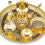 BENGALEN Brass Puja Thali Set 8 Inch Pooja Thali with Pital Plate Kalash Kangura Plate Palli Diya Ghanti Dhup Dan Chandan Wati Arti Thali for Diwali Home Office Mandir Wedding Return Gift Items